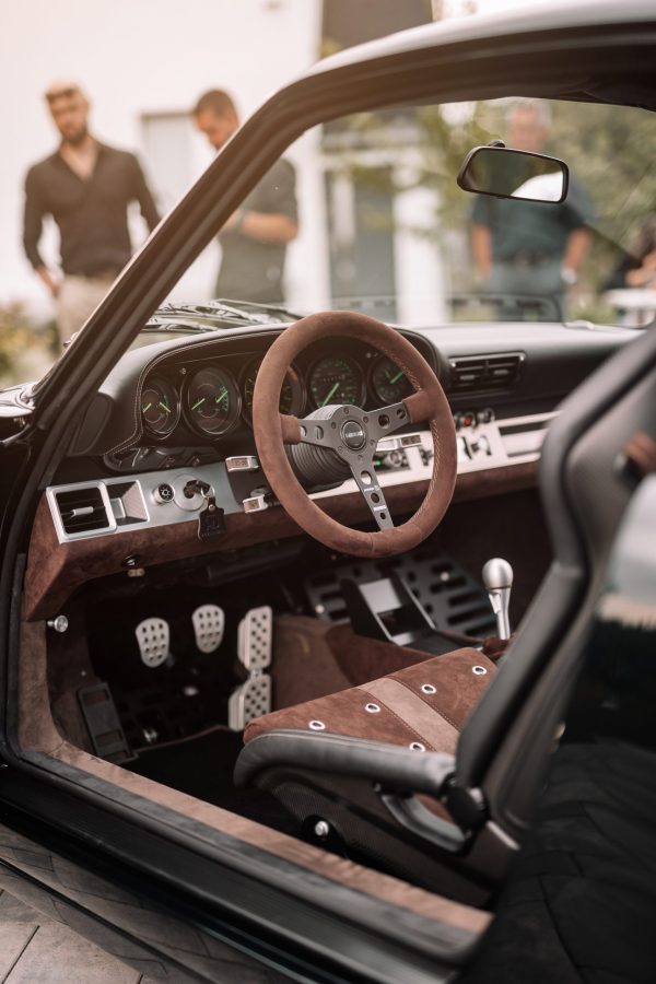 Close-up of RCR lightweight bucket seat with custom upholstery and handcrafted detailing