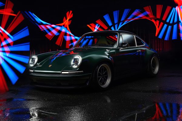 RCR Cars Porsche 911 restomod front three-quarter view with artistic light trails studio shoot