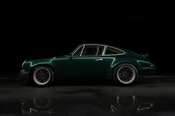 A dark green classic sports car is shown in profile on a wet surface, reflecting light. The background is black, highlighting the car’s sleek lines and vintage design.
